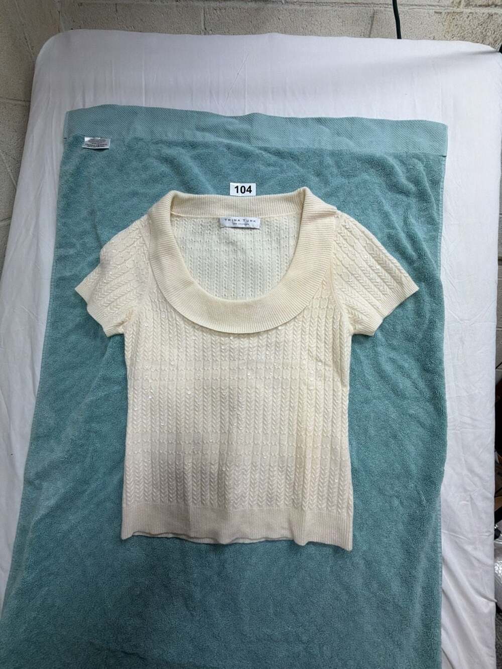 Trina Turk Short Sleeve 100% Cashmere Cable Knit Sequin Sweater